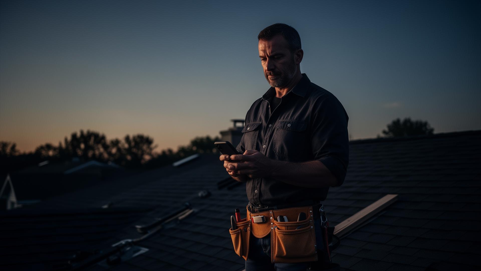 Roofer on rooftop answering a lead at dusk
